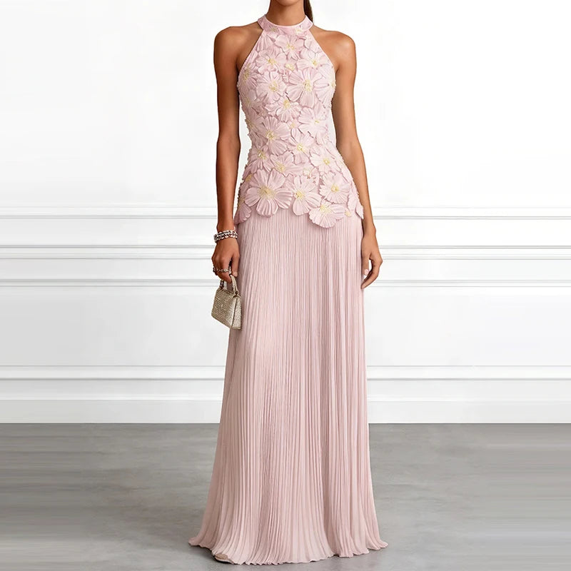 Pink floral appliqué halter evening dress, full front view