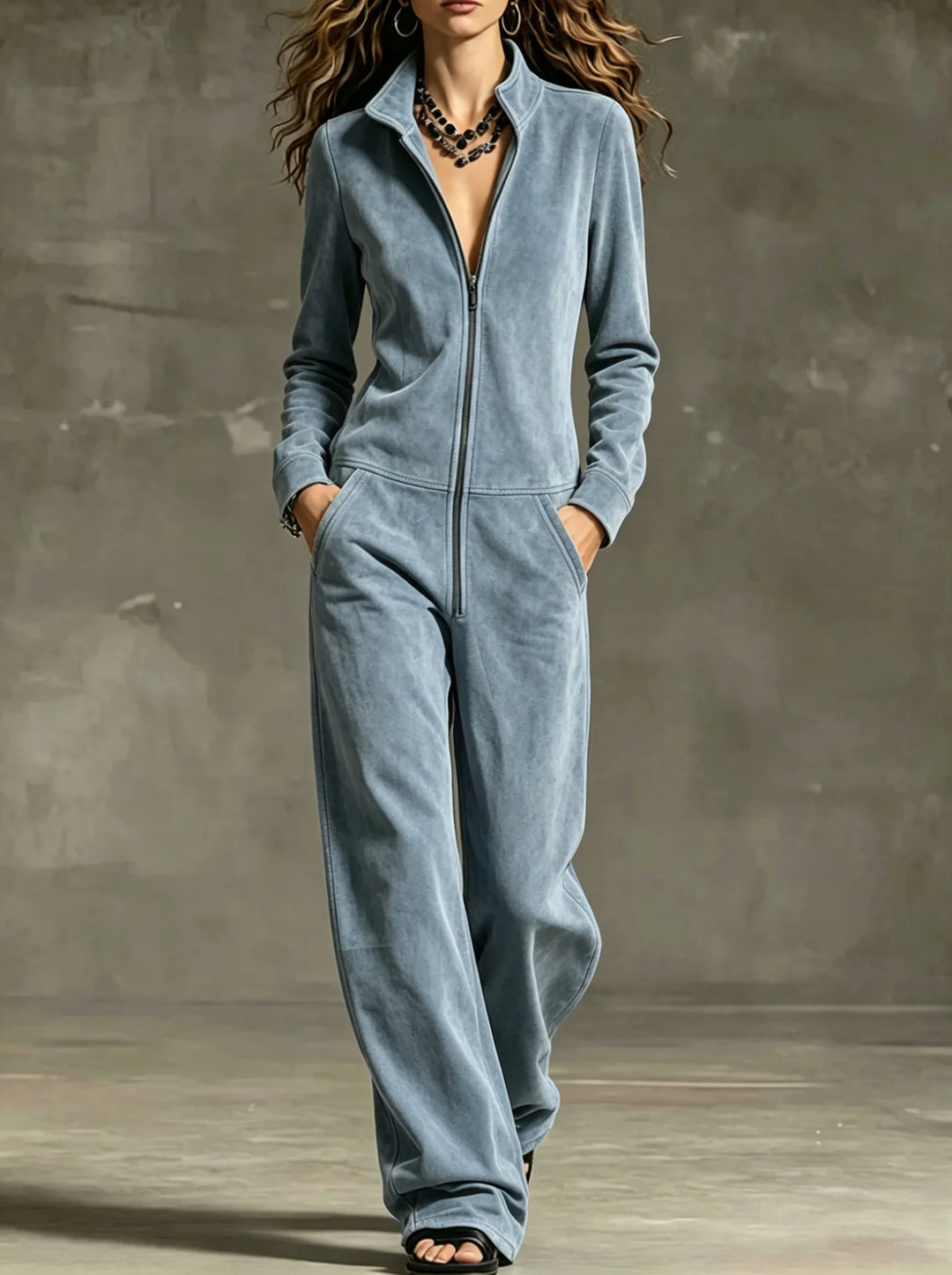 Model wearing dusty blue front zip wide leg jumpsuit, front view