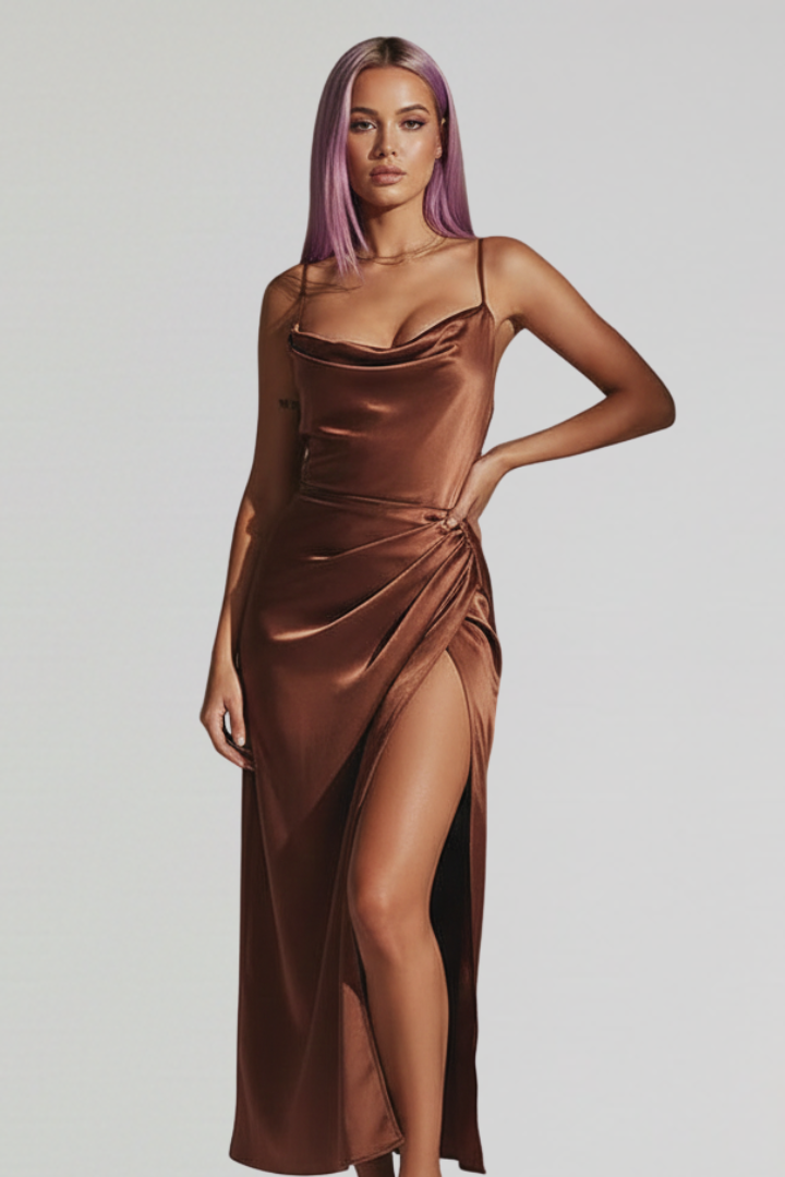 Seraphina Dress with Slim Straps and Draped Skirt
