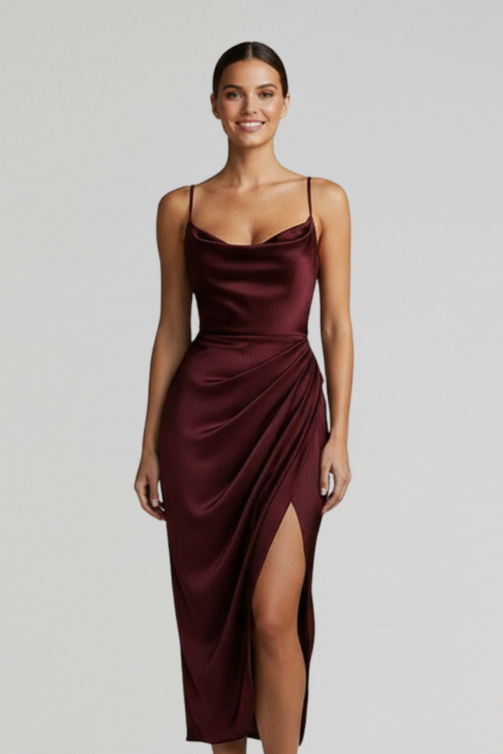 Seraphina Dress with Slim Straps and Draped Skirt