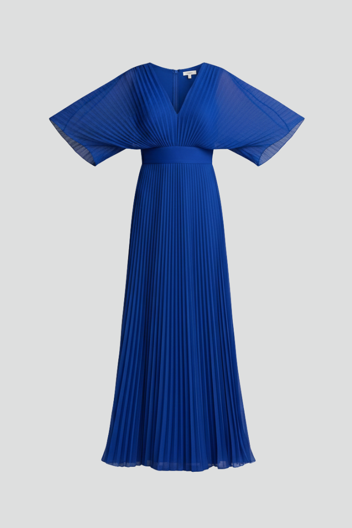 Celeste Dress with V-Neckline and Pleated Maxi Skirt