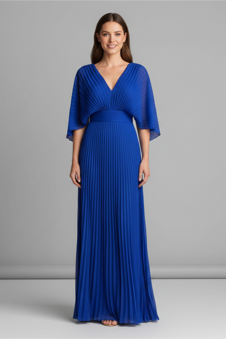 Celeste Dress with V-Neckline and Pleated Maxi Skirt