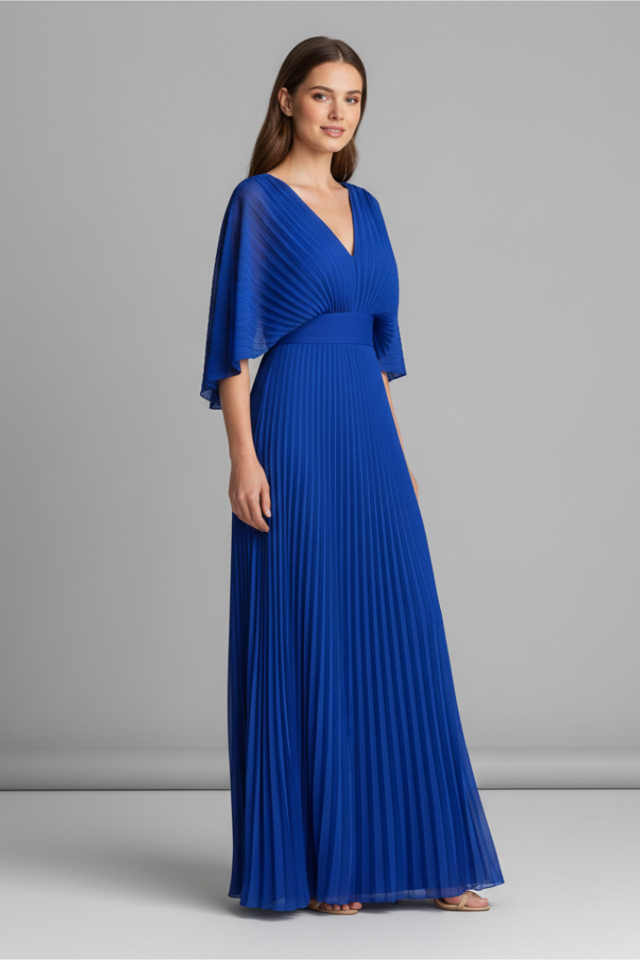 Celeste Dress with V-Neckline and Pleated Maxi Skirt