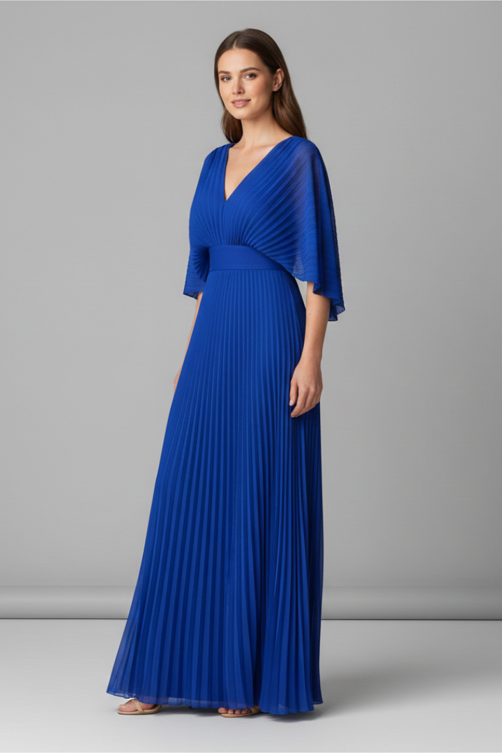 Celeste Dress with V-Neckline and Pleated Maxi Skirt
