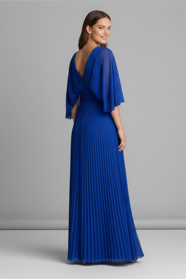 Celeste Dress with V-Neckline and Pleated Maxi Skirt