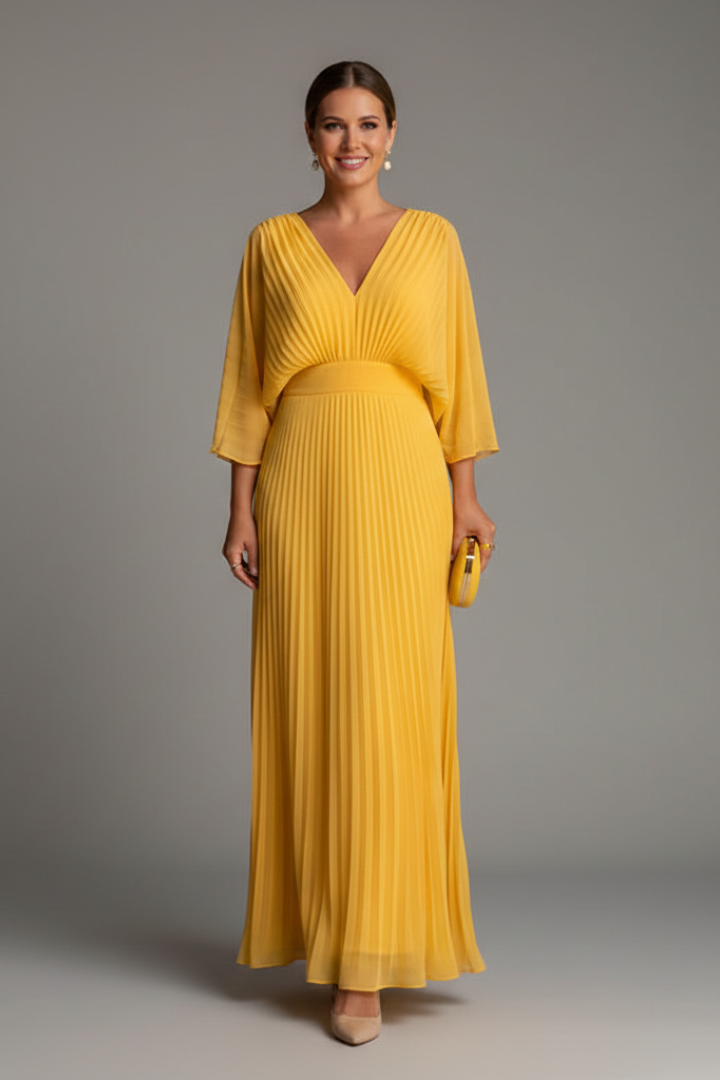 Celeste Dress with V-Neckline and Pleated Maxi Skirt