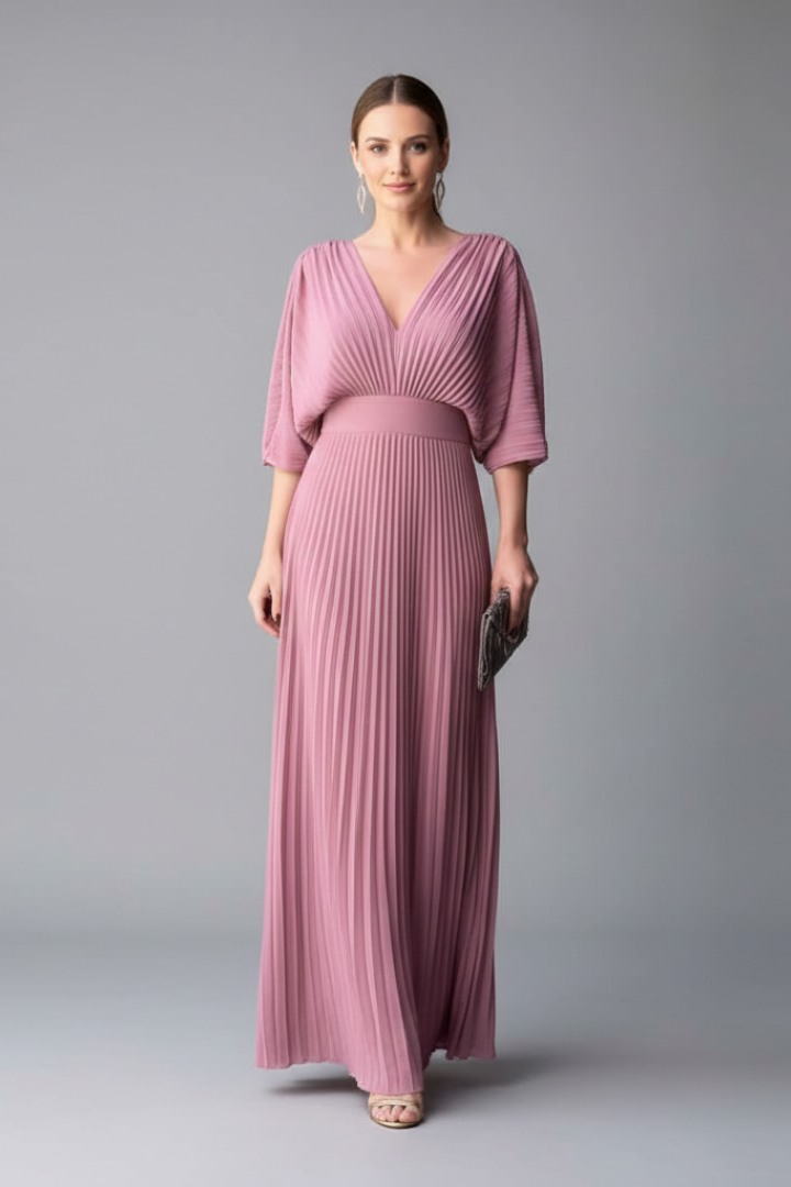 Celeste Dress with V-Neckline and Pleated Maxi Skirt