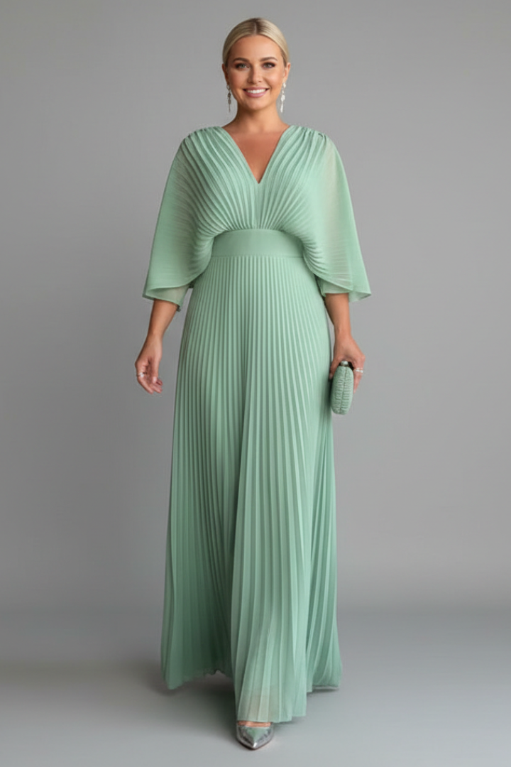 Celeste Dress with V-Neckline and Pleated Maxi Skirt