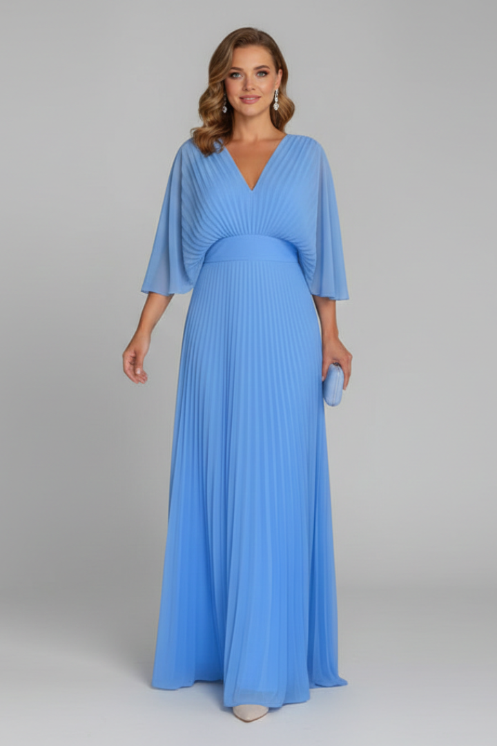 Celeste Dress with V-Neckline and Pleated Maxi Skirt
