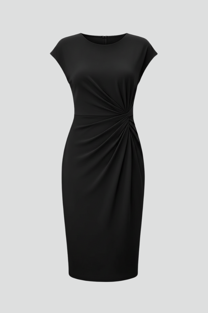 Claire Knee-Length Dress with Round Neck and Ruched Waist