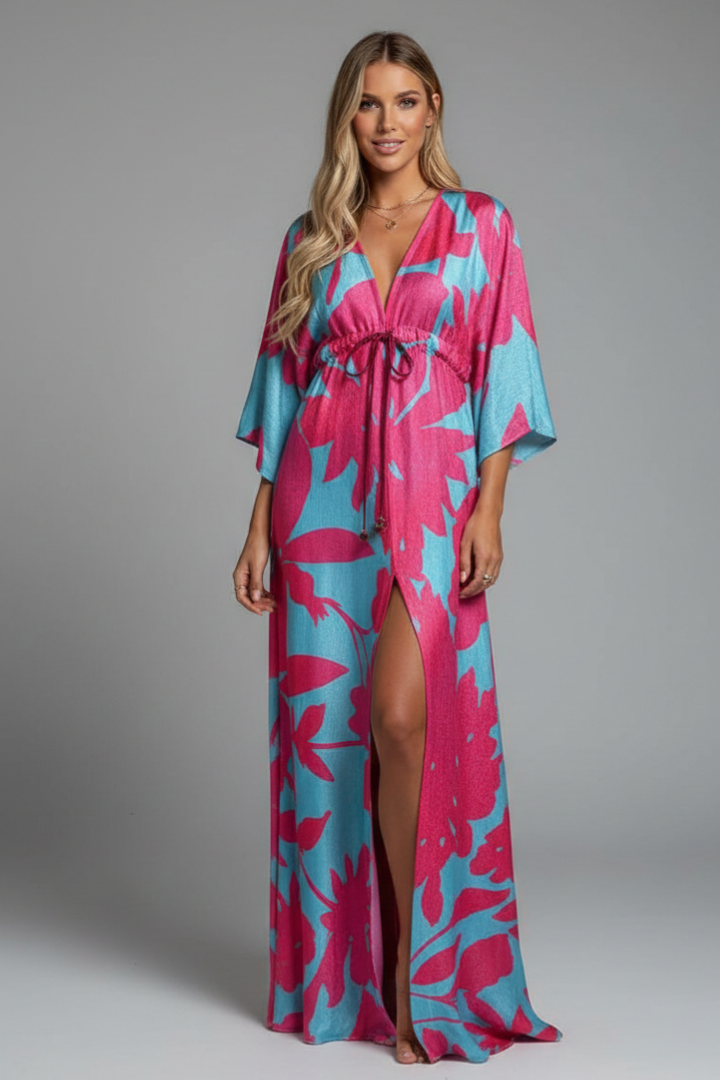 Amara Maxi Dress with V Neckline and Tie Waist