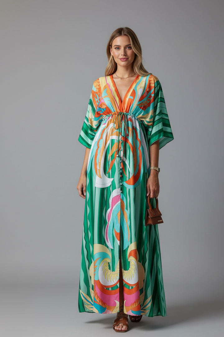 Amara Maxi Dress with V Neckline and Tie Waist