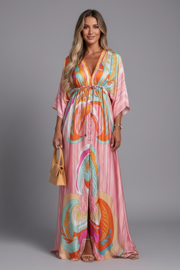 Amara Maxi Dress with V Neckline and Tie Waist