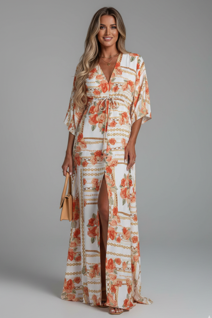Amara Maxi Dress with V Neckline and Tie Waist