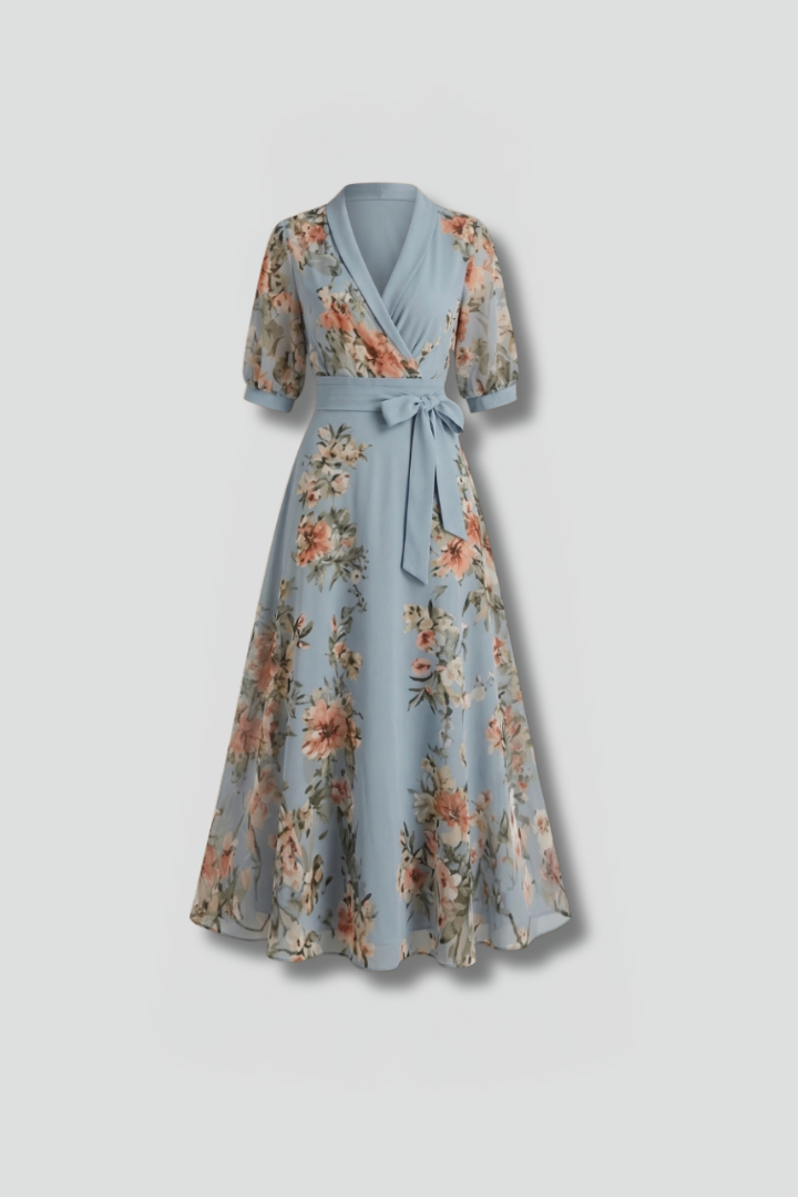 Lydia Midi Dress with V-Neck and Floral Pattern