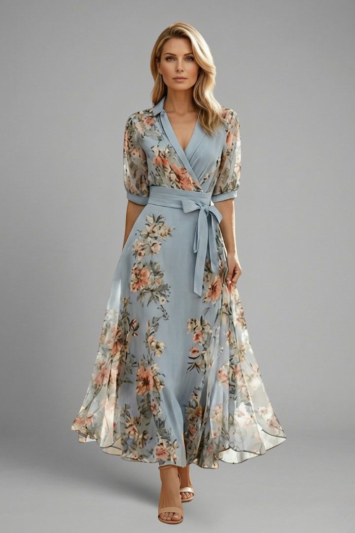 Lydia Midi Dress with V-Neck and Floral Pattern