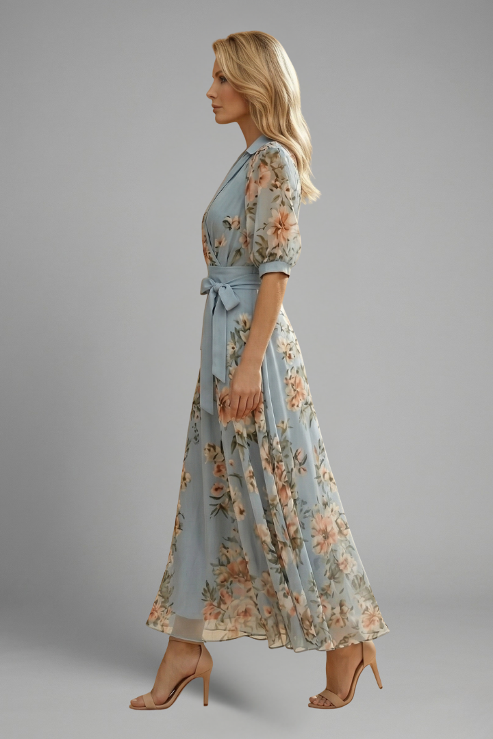Lydia Midi Dress with V-Neck and Floral Pattern