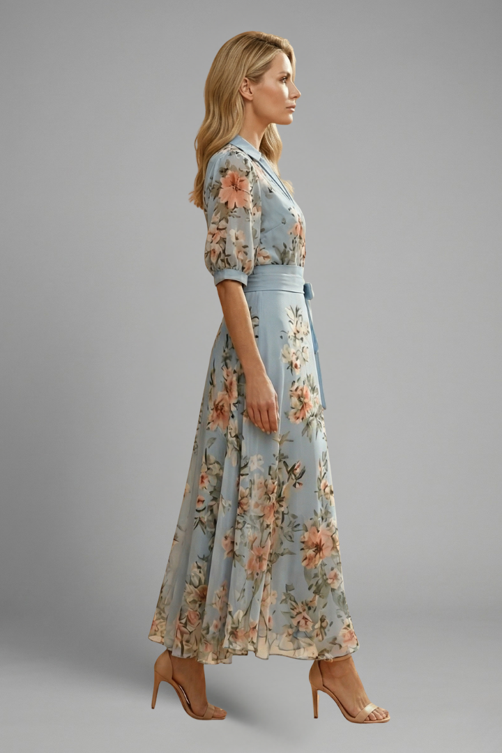 Lydia Midi Dress with V-Neck and Floral Pattern