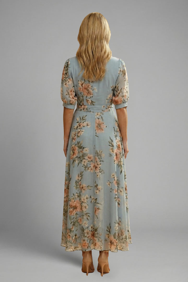 Lydia Midi Dress with V-Neck and Floral Pattern
