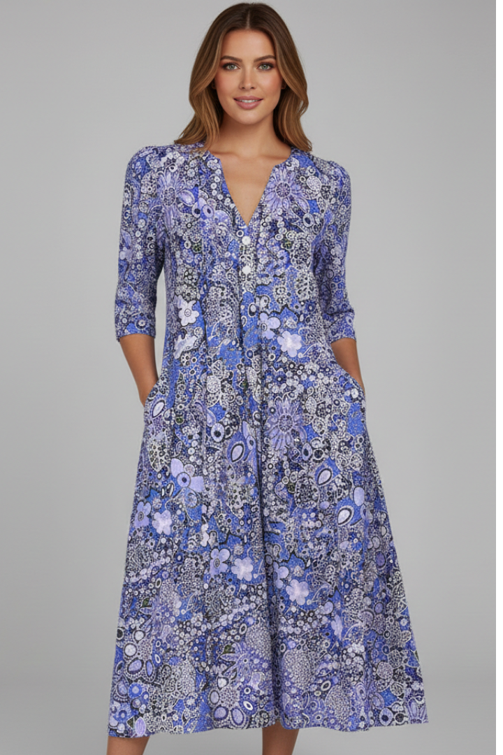 Liana Midi Dress with V-Neck and Three-Quarter Sleeves