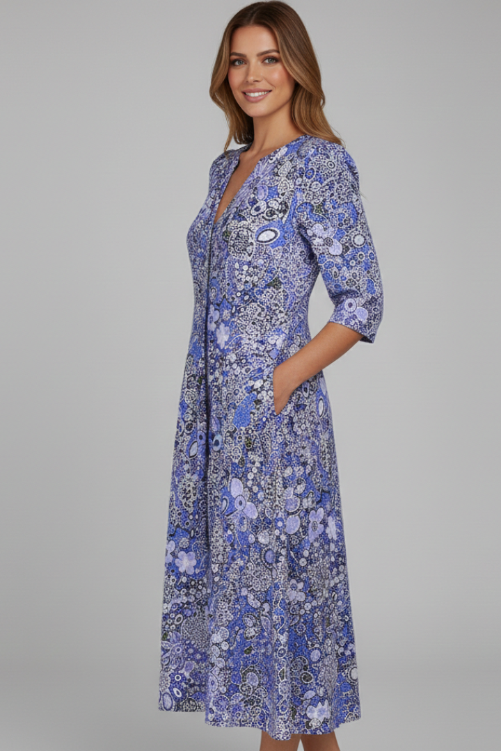 Liana Midi Dress with V-Neck and Three-Quarter Sleeves