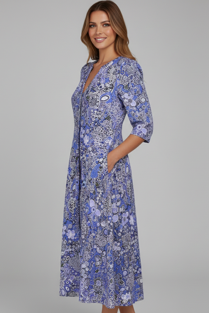 Liana Midi Dress with V-Neck and Three-Quarter Sleeves