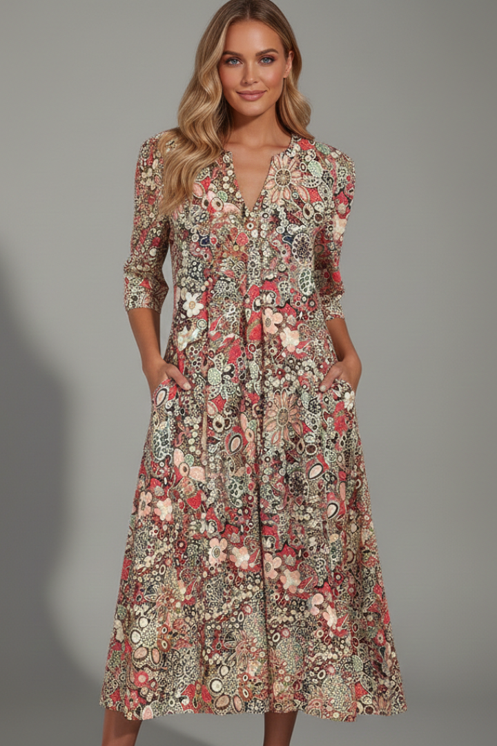 Liana Midi Dress with V-Neck and Three-Quarter Sleeves