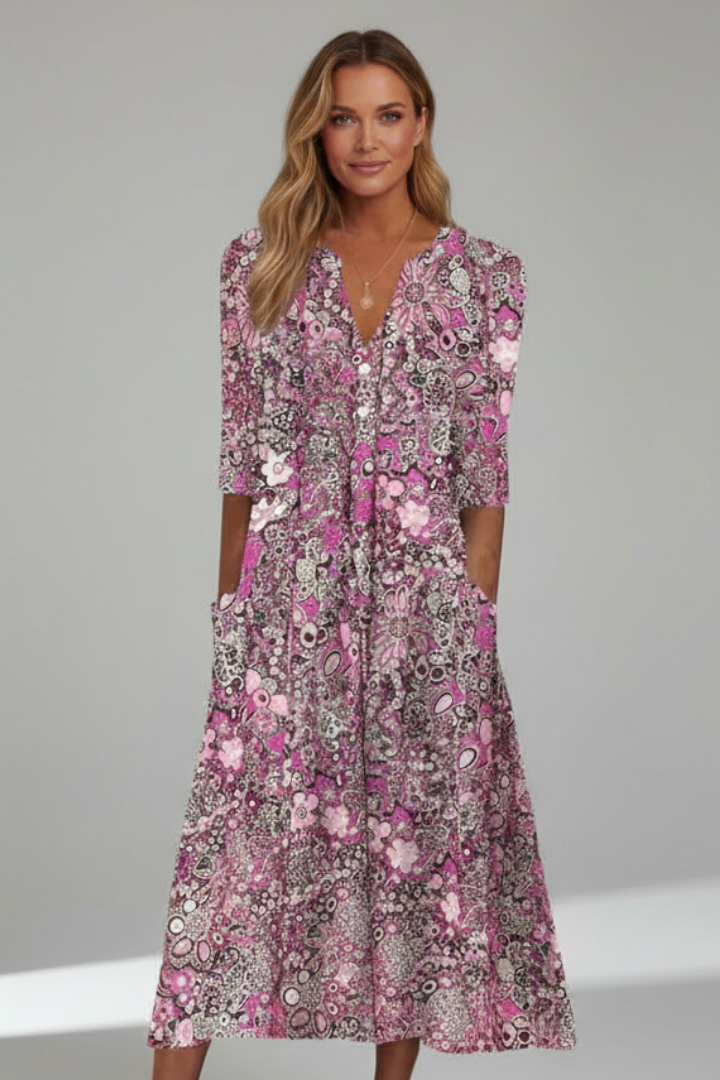 Liana Midi Dress with V-Neck and Three-Quarter Sleeves