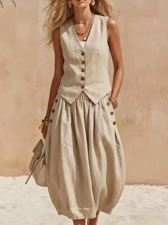 Aubrielle Button Vest Skirt Set