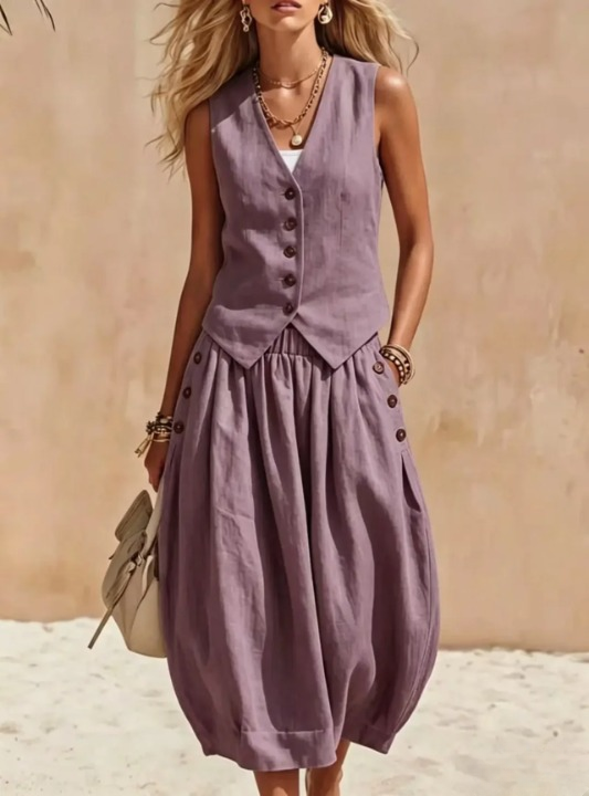Aubrielle Button Vest Skirt Set