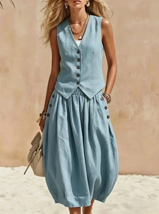 Aubrielle Button Vest Skirt Set