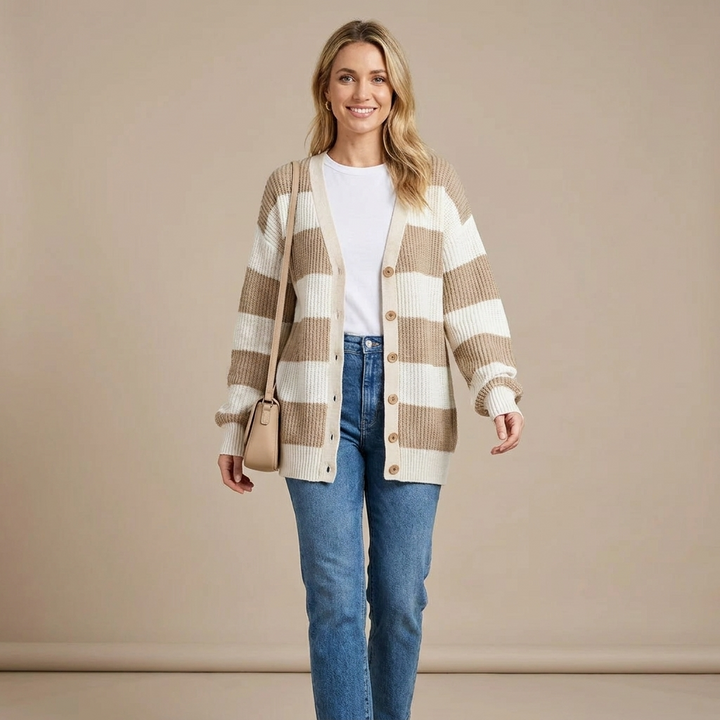 Narissa Striped Knit Cardigan - Khaki - lifestyle photo