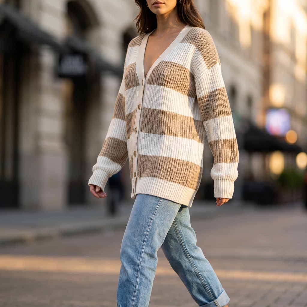 Narissa Striped Knit Cardigan - Khaki - lifestyle photo