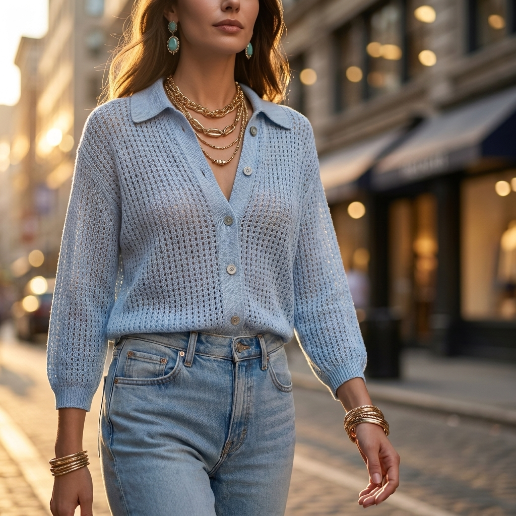 Nora Open Crochet Knit Cardigan - Light Blue