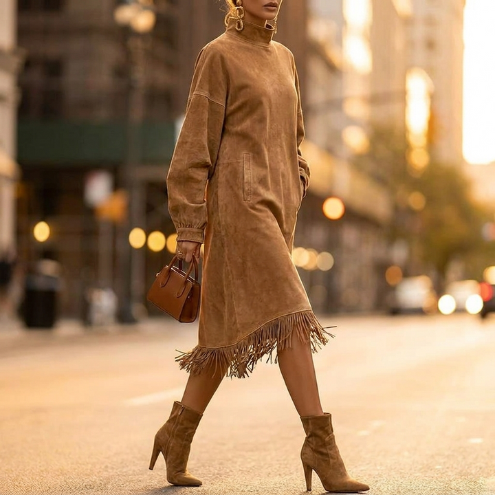Eliana Tassel Mock Neck Dress - Brown
