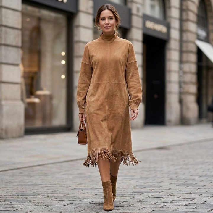 Eliana Tassel Mock Neck Dress - Brown