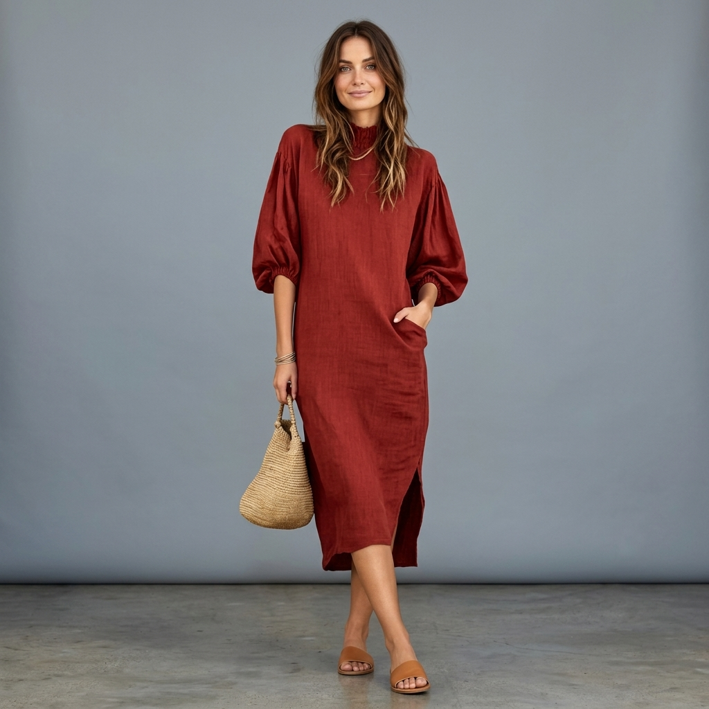Solana Balloon Sleeve Midi Dress - Red