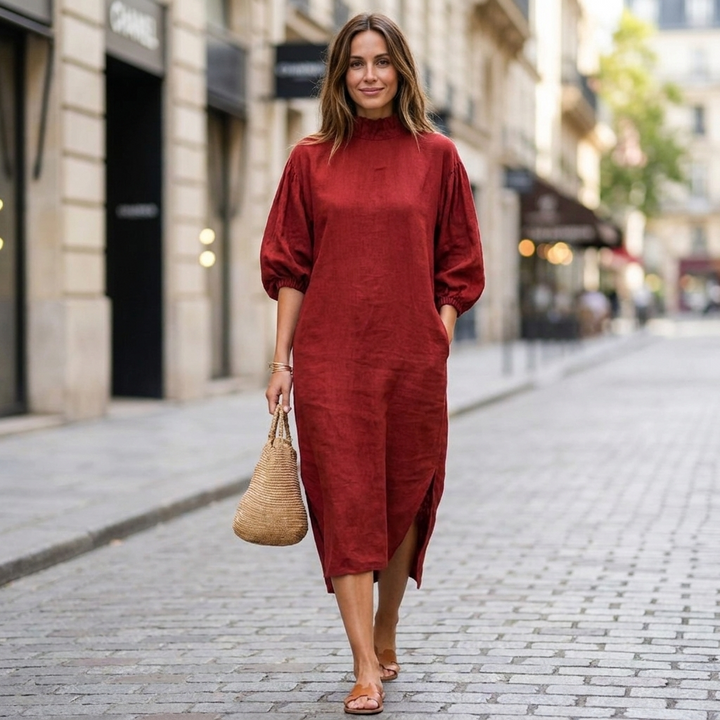 Solana Balloon Sleeve Midi Dress - Red