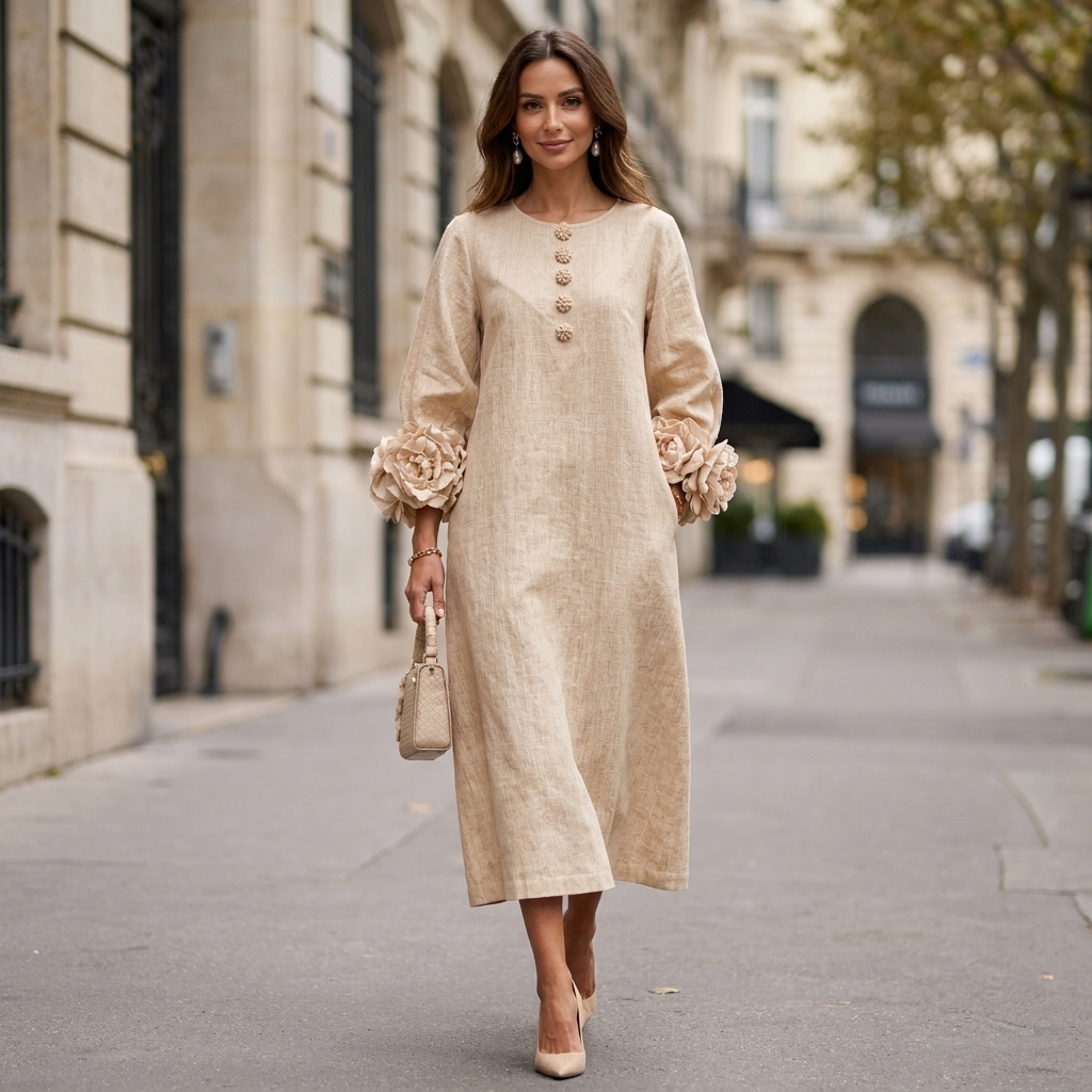 Marisol Lantern Sleeve Midi Dress - Apricot
