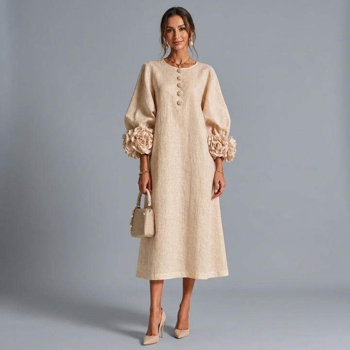 Marisol Lantern Sleeve Midi Dress - Apricot