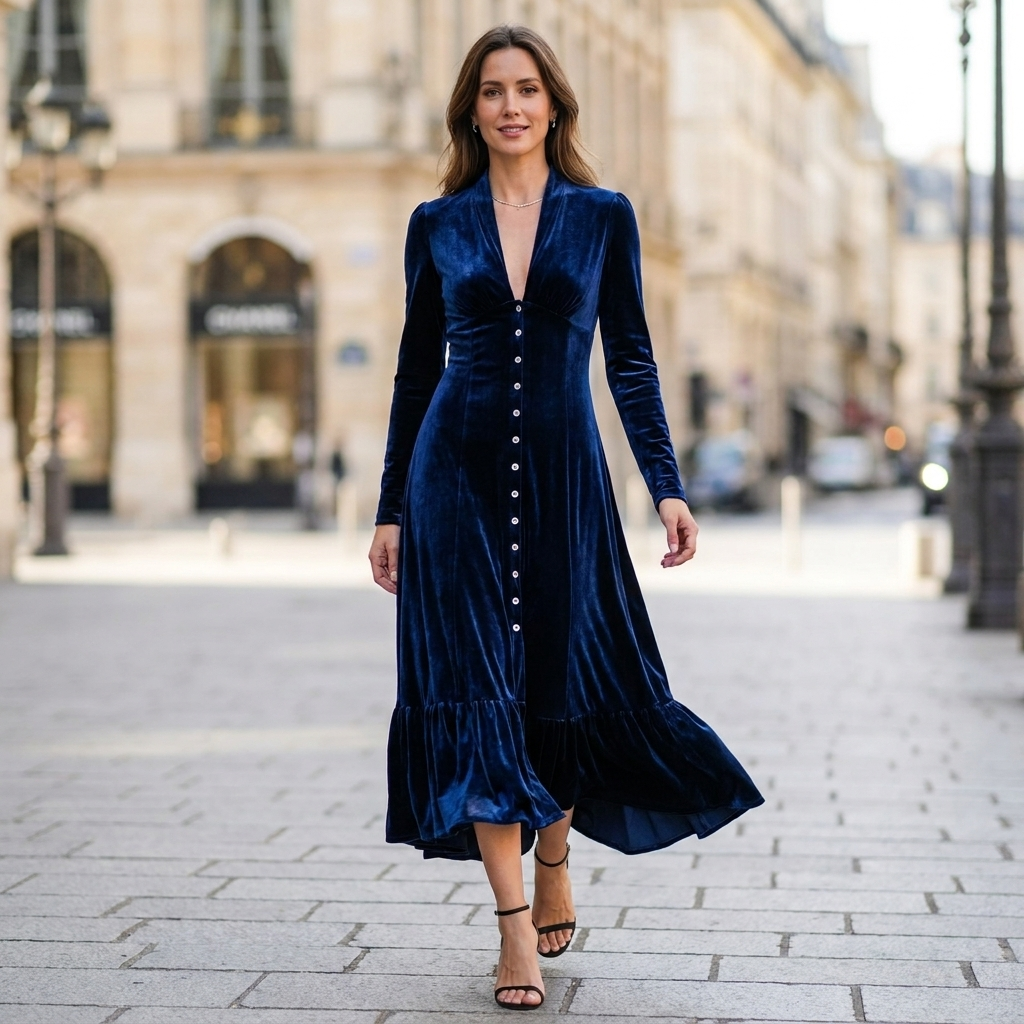 Isolina Button Front Velvet Dress
