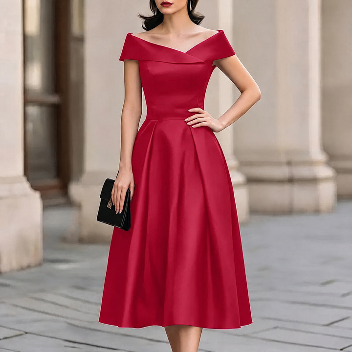 Woman wearing red off-shoulder A-line midi dress