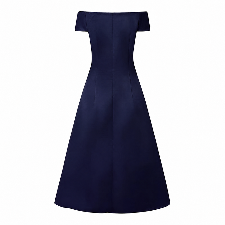 Back view of navy off-shoulder midi dress