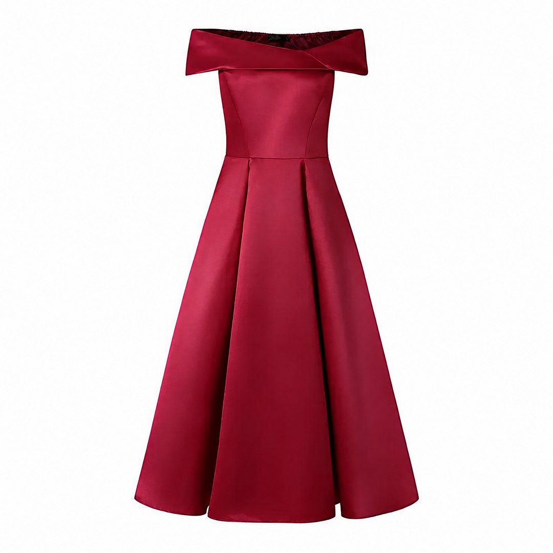 Wine red off-shoulder A-line midi dress, front detail