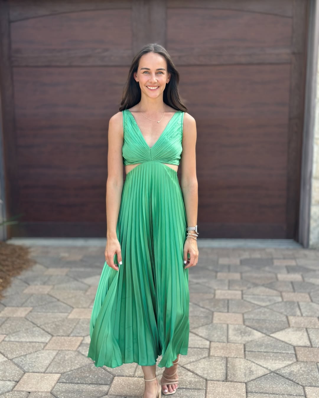 Faustine Pleated Cutout Waist Midi Wedding Guest Dress