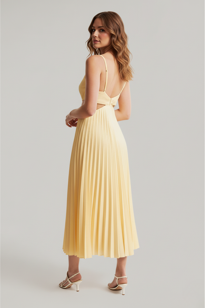 Faustine Pleated Cutout Waist Midi Wedding Guest Dress