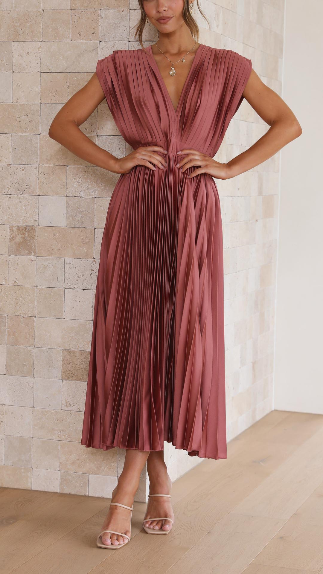 Catherine Pleated V Neck Midi Wedding Guest Dress