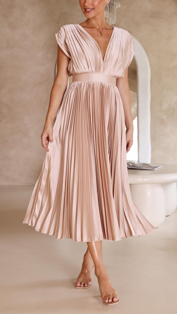 Catherine Pleated V Neck Midi Wedding Guest Dress