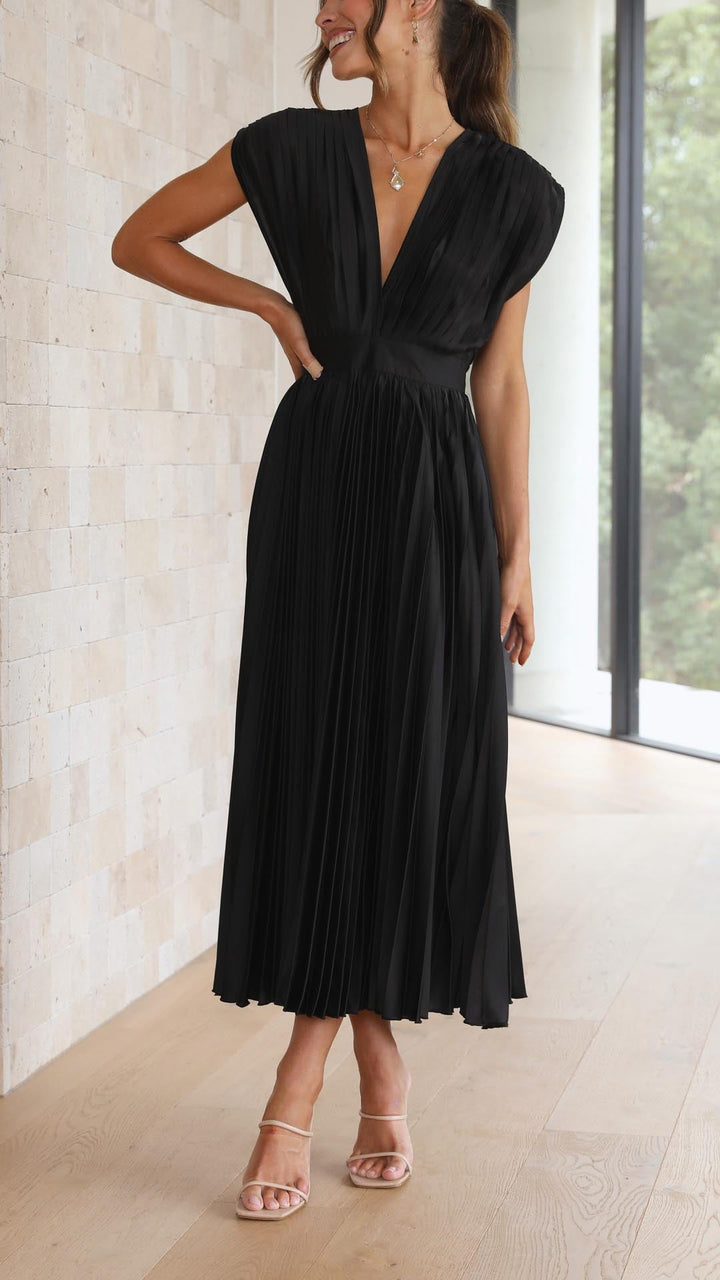 Catherine Pleated V Neck Midi Wedding Guest Dress