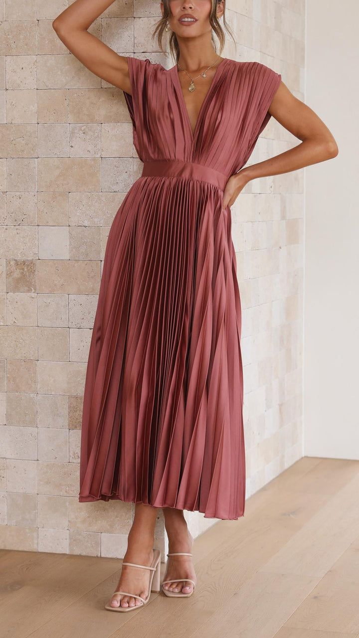 Catherine Pleated V Neck Midi Wedding Guest Dress
